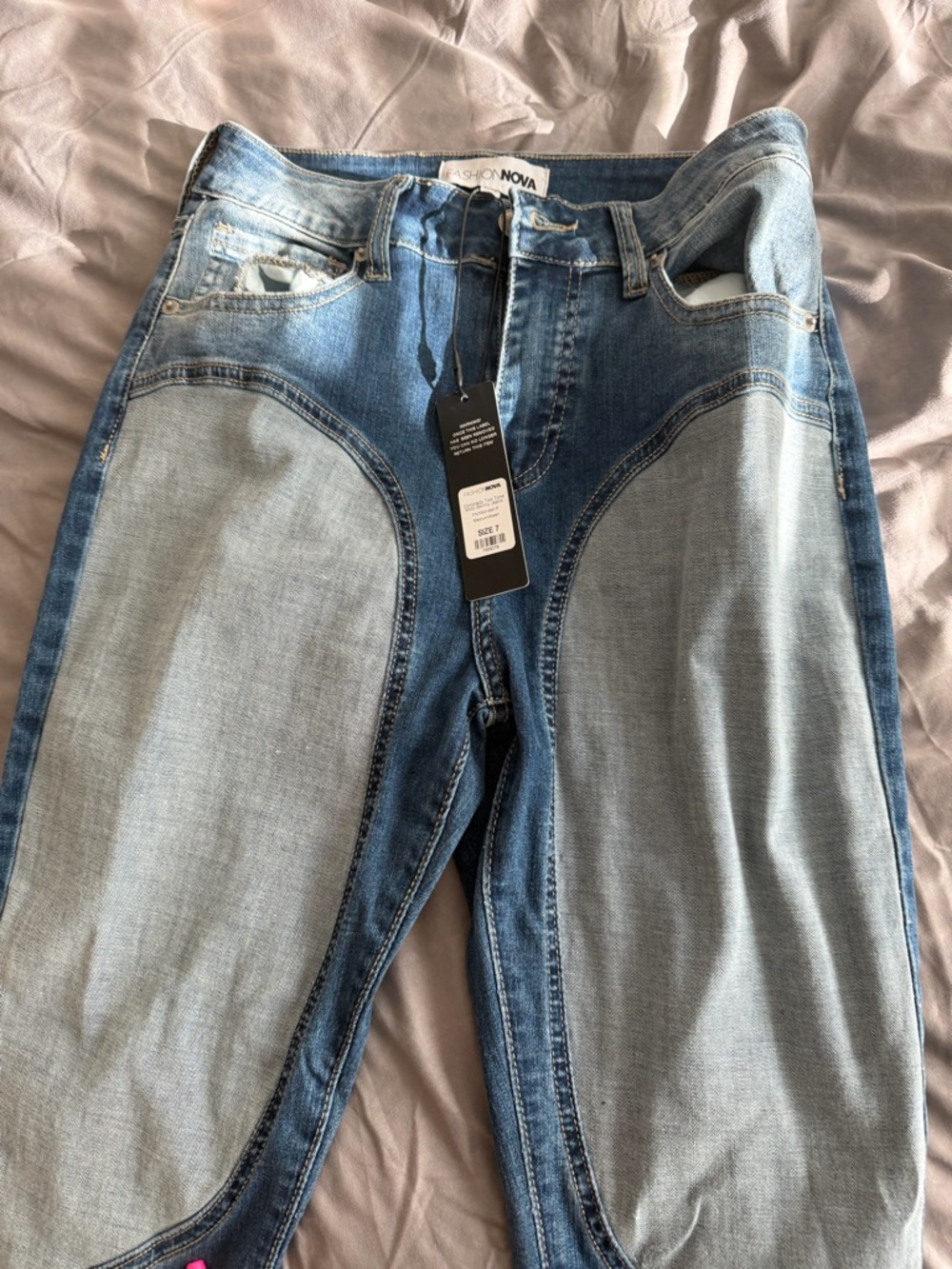 Fashion Nova Two-Tone Curved Patchwork Denim Jeans - Light Blue & Medium Blue